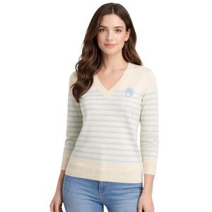 100% Cashmere Pebble Beach Blue and White Striped V Neck Golf Sweater